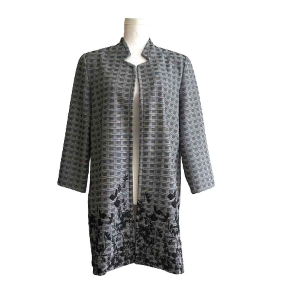 Carole Wren Black White Open Front 3/4 Sleeve Long Blazer Coat Size Large